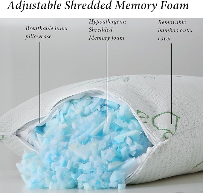 Shredded Memory Foam Pillows Set of 1, Cooling Zippered Breathable Memory Foam Bed Pillow for Sleeping 1 Pack, Queen Size Firm Pillow Gel for Neck Support, Hotel Quality Rest Pillow 20" x 30" Queen