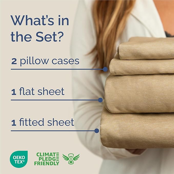 King Size 4 Piece Sheet Set - Comfy Breathable & Cooling Sheets - Hotel Luxury Bed Sheets for Women & Men - Deep Pockets, Easy-Fit, Soft & Wrinkle Free Sheets - Heathered Tan Oeko-Tex Bed Sheet Set