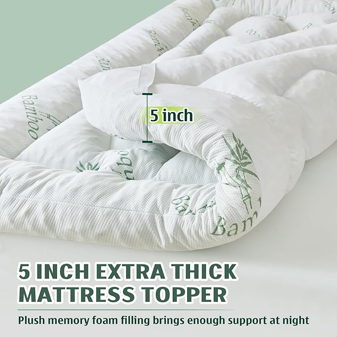 5 Inch Memory Foam Mattress Topper Queen Size, Breathable Viscose Made from Bamboo Pillow Top Mattress Pad Cover, Ultra Soft Bed Topper with 2000 GSM Foam Filling for Pain Relief, White,60x80x5 in