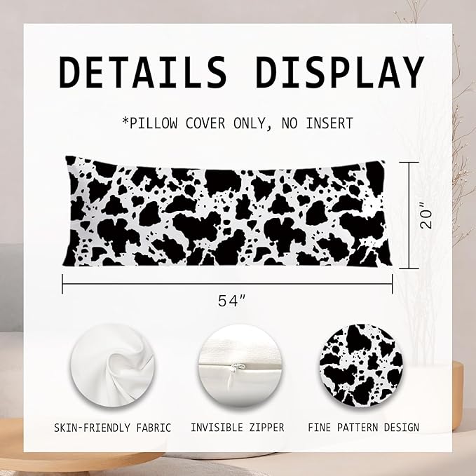 Cow Print 20x54 Body Pillow Cover, Rustic Farmhouse Decor, Black and White Cow Cowhide Skin Print Decorative Long Body Pillow Cases for Bed Couch
