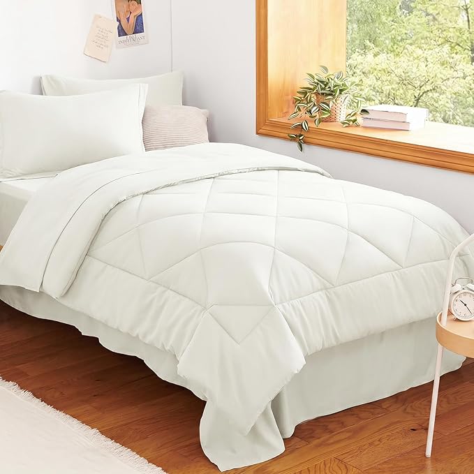CozyLux Twin XL Comforter Set Ivory - 5 Pieces Twin Extra Long Bed in a Bag for College Dorm, All Season Bedding Set for Girls and Boys, Soft Bed Set with Comforter, Sheets, Pillowcase & Sham
