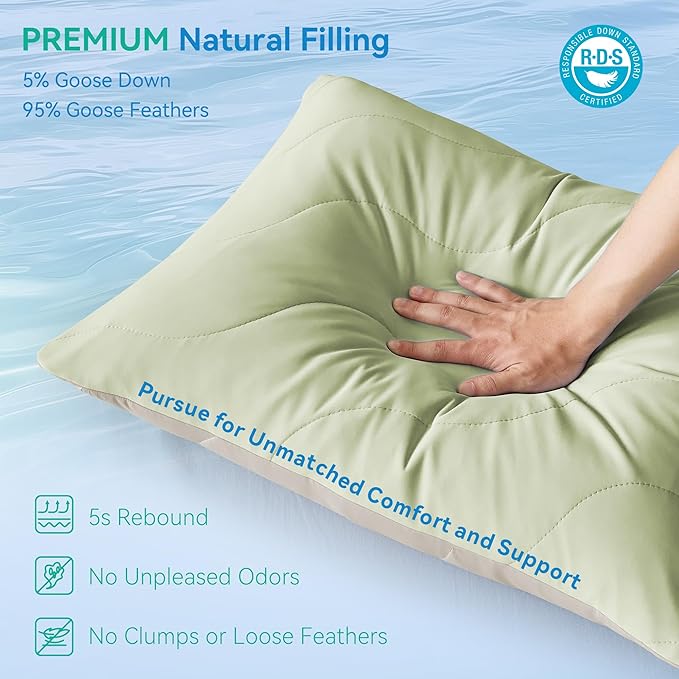Three Geese Cooling Goose Feather Down Bed Pillows Queen Size Set of 2 for Hot Sleepers, Q-Max>0.45, Cooling Hotel Bed Pillows, Washable Removable Cover, 20" x 30"