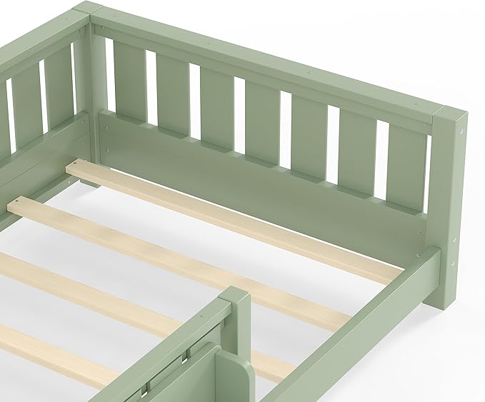 Bellemave Twin Floor Bed Frame with Fence & Bookshelf, Solid Pine Wood Twin Montessori Floor Bed with Slats Load 250LBS, Low Profile Floor Bed for Kids, Bedroom, Nursery, Easy Assembly, Green
