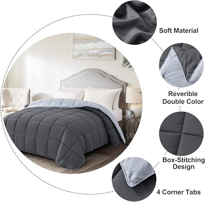 Homelike Moment Twin Comforter Duvet Insert- Grey Down Alternative Bed Comforter Twin Size, Lightweight Bedding Comforters Quilted Soft All Season Reversible Dark Gray/Light Grey