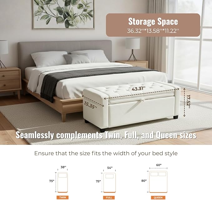 Storage Ottoman Bench for Bedroom, End of Bed Bench with Hidden Storage, Upholstered Tufted Linen Ottoman with Safety Hinge, Bedroom Bench with Storage, 43 Inch, 350lb, Linen Beige