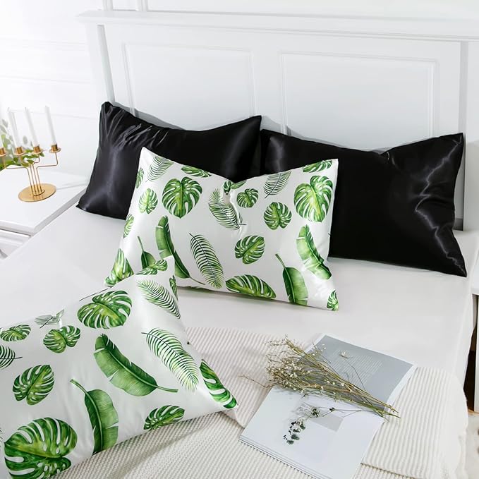 MR&HM Satin Pillowcase for Hair and Skin, Silk Satin Pillowcase 2 Pack, Standard Size Pillow Cases Set of 2, Silky Pillow Cover with Envelope Closure (20x26, Leaves)