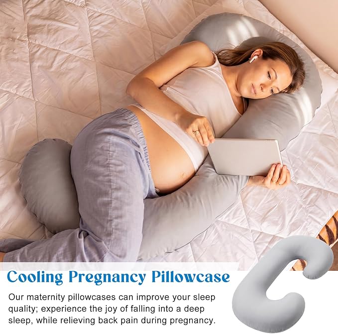 Hahafelt Cooling Pregnancy Pillow Cover (Only Pillowcase) 59 Inch Large C Shaped Full Body Pillowcase Maternity Stretchy Soft Breathable Cool Pillow Cover with Zipper for Side Sleeper (Gray)