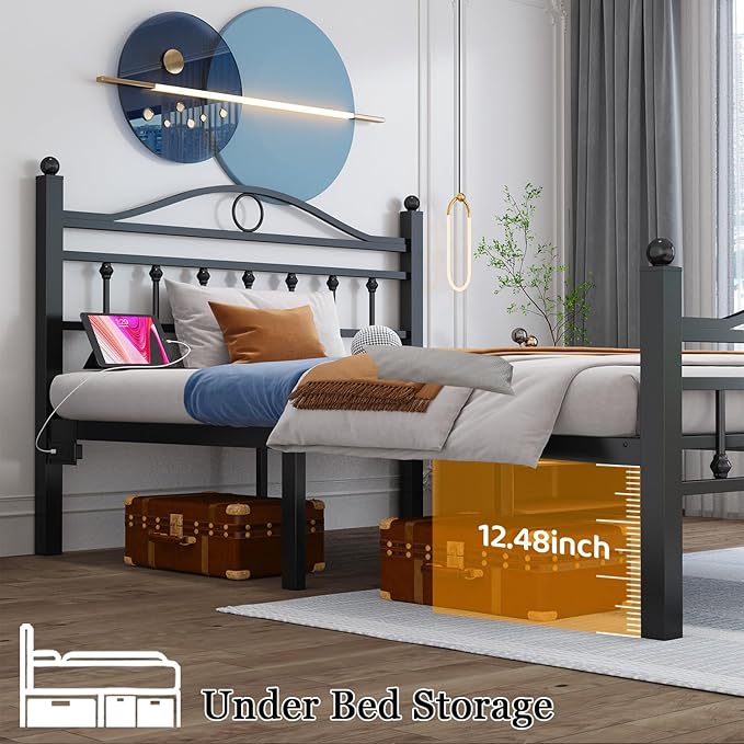 Jenmit Queen Size Bed Frame with Headboard, Metal Platform Bed Frame with Charging Station & LED Lights, Storage Space Under Bed, No Box Spring Needed, Noise Free, Easy Assembly, Black