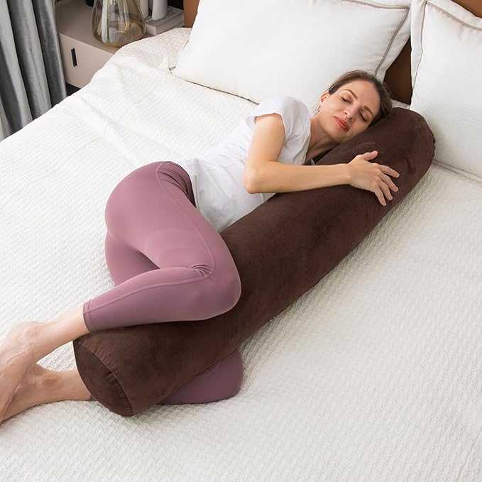 1 MIDDLE ONE Round Body Pillow for Adults, Long Bolster Pillow for Bed with Removable Velvet Cover, Decorative Tube Roll Cylinder Pillow, 47 x 7.87 Inch, Coffee