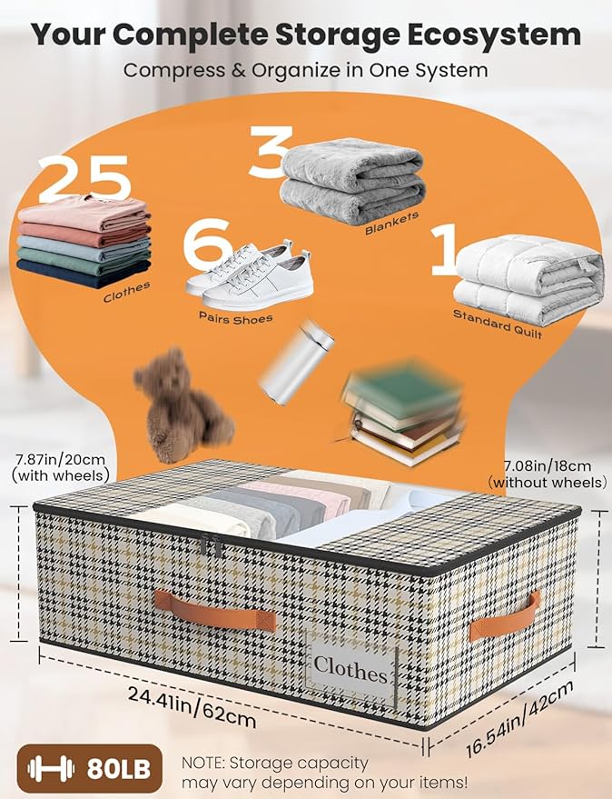 TOSKING 2-Pack Under Bed Storage Bins with Wheels, 4 Vacuum Bags, Heavy Duty 80 lbs, 7.9" Height, 47L Clear Lid Organizer, Space Saver for Dorm Bedroom Clothes Shoes Toys, Quick Assembly, Houndstooth