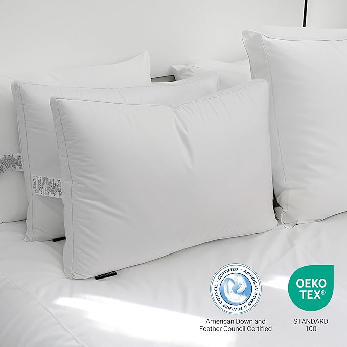 Hotel Grand Luxury Goose Feather & Down Fiber Pillows Queen Size Set of 2, Firm Support Gusseted Design, 100% Cotton Cover, No-Flat Fluffy Comfort for Side and Back Sleepers