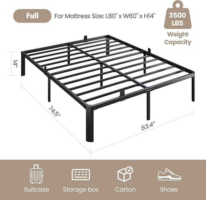 Metal Bed Frame Full Size, 14 Inch 3500 lbs Heavy Duty Platform Bed Frames Steel Slats Noise Free No Box Spring Needed, Easy Assemble Sturdy Bedframe Rounded Corner with Storage and Mattress Retainers