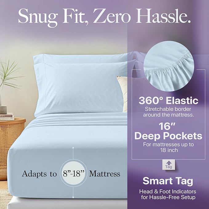 Carressa Linen 100% Egyptian Cotton Split King Sheets Sets for Adjustable Bed - 600 Series Hydrangeas Collection 5 PC Light Blue Top Split King Sheets, 16" Deep Pocket Sheet for Adjustable Bed