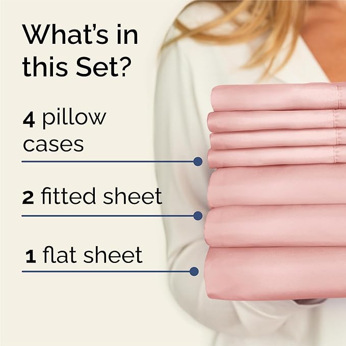 Split King 7 Piece Sheet Set - Comfy, Breathable & Cooling - Soft Hotel Luxury Bedding for Women, Men, Kids, Teens and Children - 1 Flat & 2 Fitted Sheets & 4 Pillowcases with Deep Pockets - Baby Pink