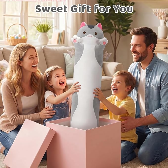 Mewaii Long Cat Plush 5 Sizes, 120% Extra Filling Giant Plushness Kids Body Pillow, Kawaii Cute Grey Cat Stuffed Animals Plushies, Big Long Body Pillow Plush Gift for Girls 28”