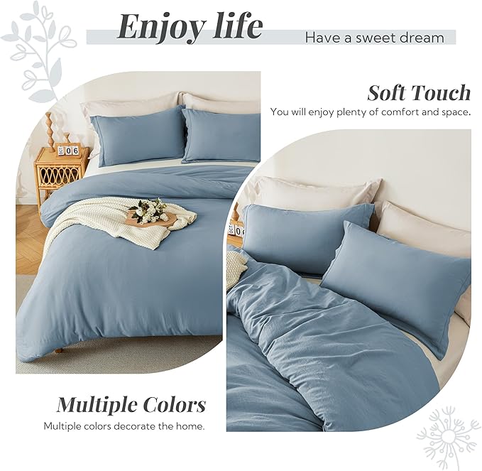 MILDLY Super Soft Duvet Cover - 100% Washed Microfiber Haze Blue Comforter Cover Set 3 Pieces with Zipper Closure & Corner Ties (No Comforter)