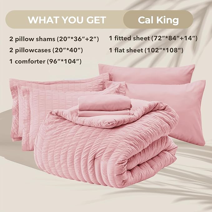 HYMOKEGE Pink California King Comforter Set Seersucker 7 Pieces, All Season Luxury Bed in a Bag for Bedroom, Bedding Set with Comforters, Sheets, Pillowcases & Shams