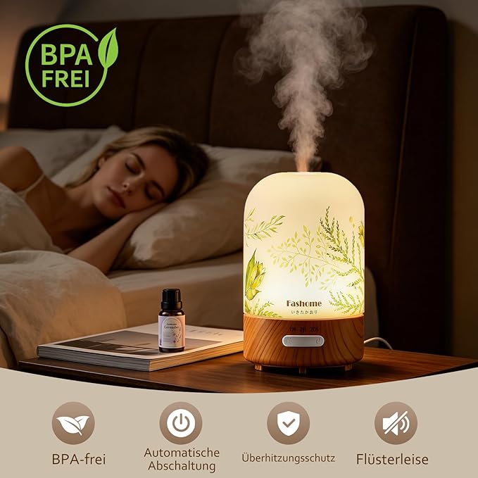 Essential Oil Diffuser, Hand Blown Glass Aromatherapy Diffuser, Ultrasonic Cool Mist Scent Aroma Humidifier, Diffuser Oil Machine Whisper Quiet with Auto Shut-Off for Home Bedroom Office(<25dB)