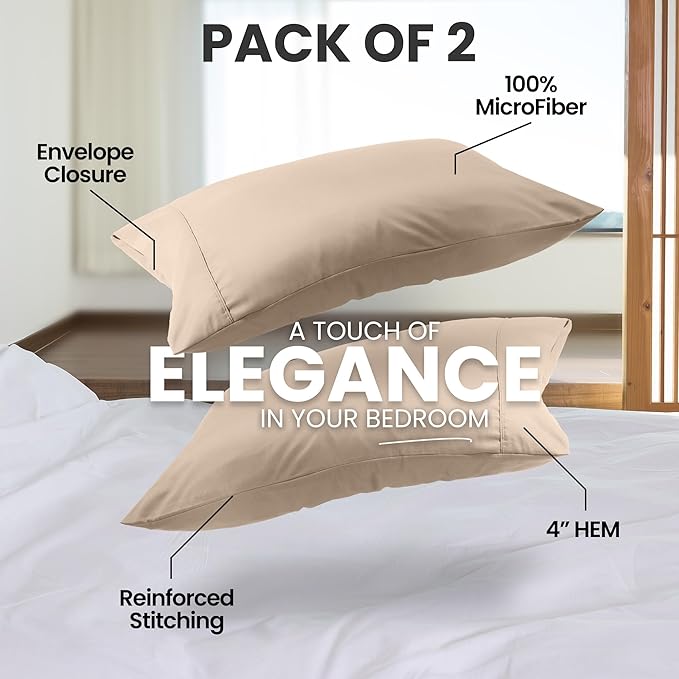 Utopia Bedding King Pillow Cases - 2 Pack - Envelope Closure - Soft Brushed Microfiber Fabric - Shrinkage and Fade Resistant Pillow Covers King Size 20 X 40 Inches (King, Beige)