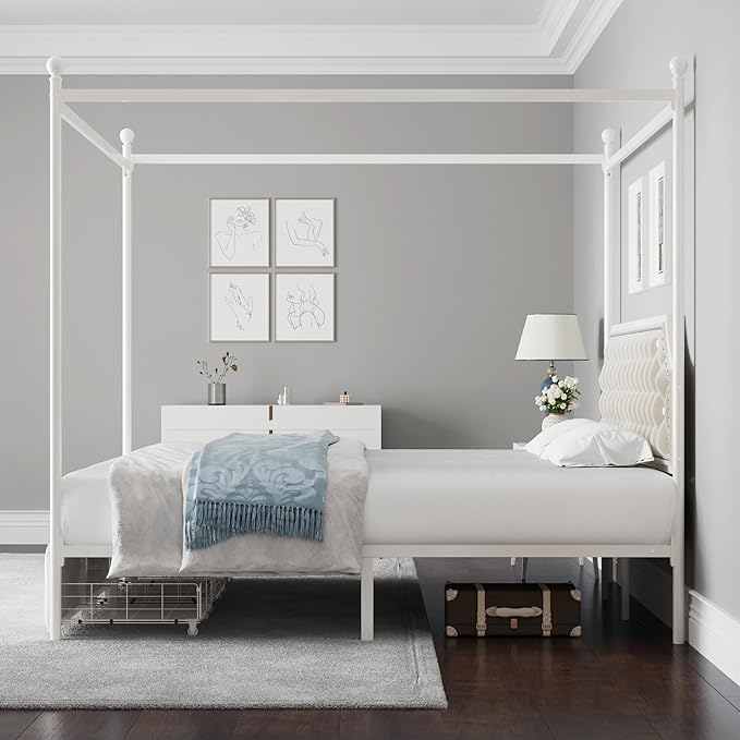 Keyluv King Upholstered Canopy Bed Frame with 3 Drawers and Button Tufted Headboard, Metal Platform Bed with 4 Removable Posts, Two-Purpose Velvet Bed No Box Spring Needed, Beige/Curtains Not Included