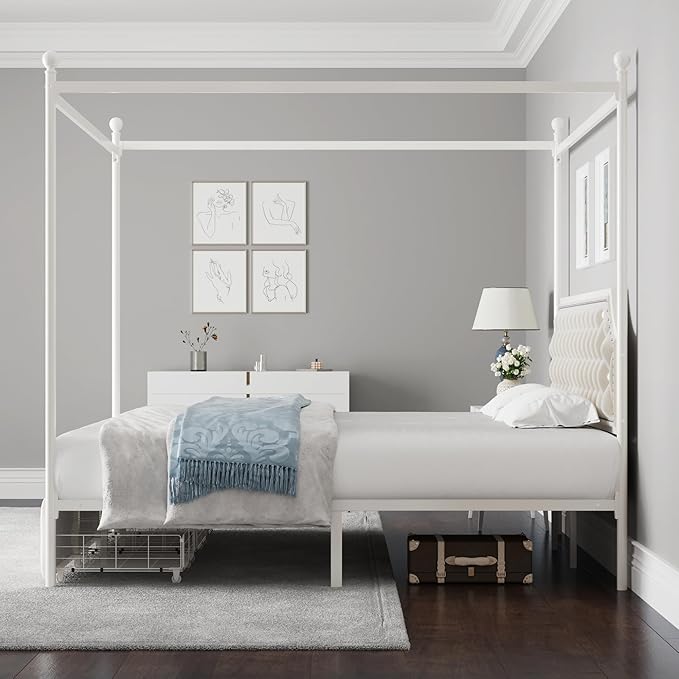 Keyluv Full Upholstered Canopy Bed Frame with 2 Drawers and Button Tufted Headboard, Metal Platform Bed with 4 Removable Posts, Two-Purpose Velvet Bed No Box Spring Needed, Beige/Curtains Not Included