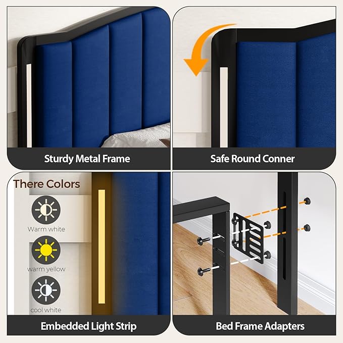 Headboard for King Size Bed with LED Lights, Upholstered Vertical Channel Tufting Head Boards, Velvet Headboard Only, Study & Comfortable, Ideal for Bedroom, Dorm, Guest Room, Blue