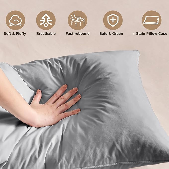 BHZ Grey Satin Goose Down Feather Pillows Standard Size with Pillowcase for Hair and Skin, Cooling Pillow Cases Similar to Silk Pillow Cases, Decorative for Women, Mom Men