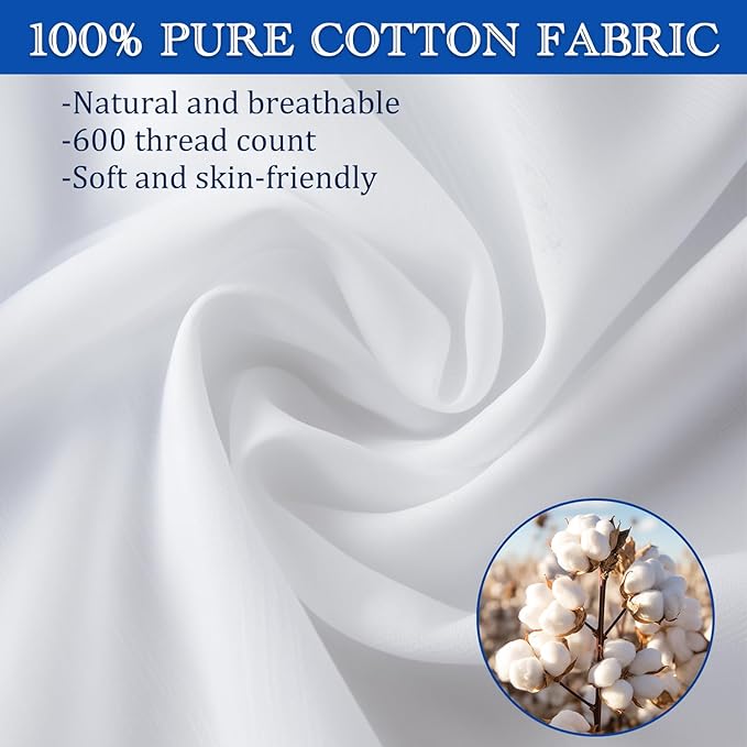 Precoco White King Pillow Cases Set of 4 | 100% Cotton Pillowcases with Zipper Hidden | Premium Cooling Decorative Pillow Covers with 600 Thread Count, Soft & Smooth, 20x36 inches