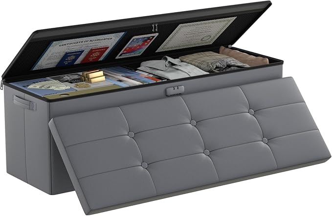 DocSafe Storage Ottoman Bench, Fireproof＆Waterproof Folding Bench with Lock(15”x 43”x15”), Leather Storage Chest with Handles＆2 Extra Boxes, Ottoman Safe for Bedroom,Living Room,Home Office, Gray