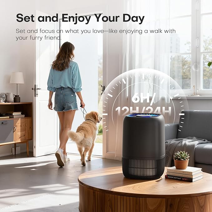 Air Purifiers for Bedroom with High Efficiency Filter Up to 1076 Ft² for Pet Hair, Odors, Pollen, Smoke, Compact Air Cleaner with 3 Speeds, Timer, Aroma Quiet 360°Intake Filter, Black
