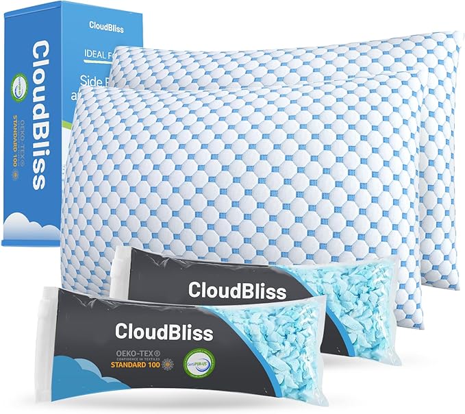CloudBliss Cooling Bed Set of 2 Pillows for Sleeping, Shredded Memory Foam Pillows with Washable & Breathable Pillowcase, Adjustable Height Pillow for Side, Back and Stomach Sleepers, Standard Size