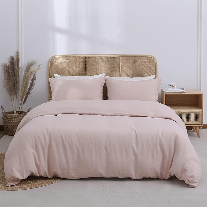 Simple&Opulence 100% Linen Duvet Cover Set 3pcs Basic Style Natural French Washed Flax Solid Color Soft Breathable Farmhouse Bedding with Button Closure - Blush Pink, Full