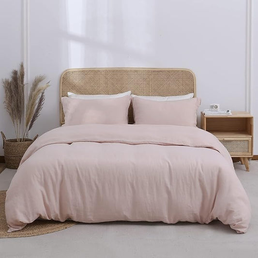 Simple&Opulence 100% Linen Duvet Cover Set 2pcs Basic Style Natural French Washed Flax Solid Color Soft Breathable Farmhouse Bedding with Button Closure - Blush Pink, Twin