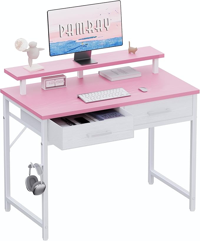 Pamray 32 Inch Small Computer Desk with Monitor Stand Home Office Desks with 2 Drawers for Bedroom Study Writing and Work Table for Small Spaces Pink