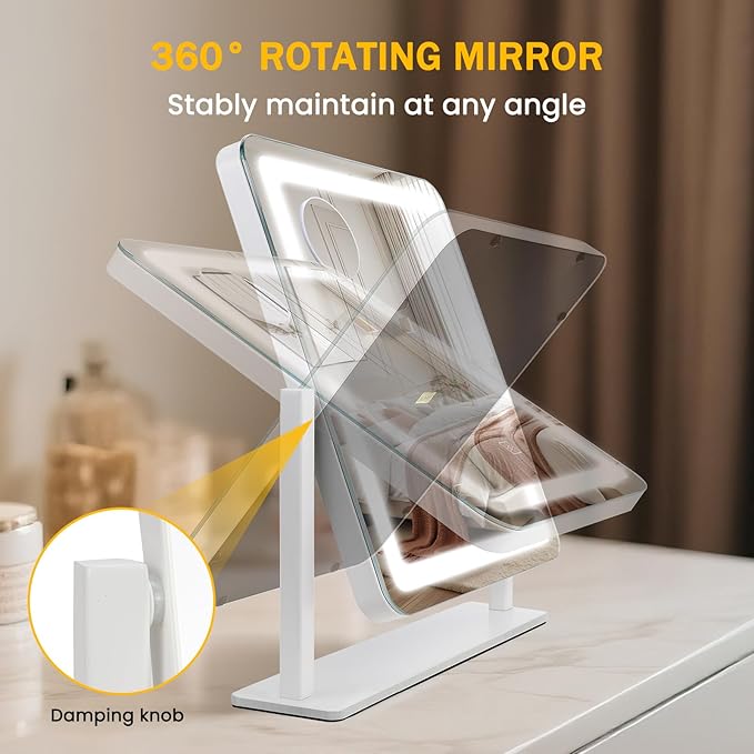 Vanity Mirror with Lights, 15"×12.2" Large LED Makeup Mirror with Light, HD Mirror, Smart Touch with 3-Color Lighting, Dimmable, 360° Rotation, Lighted Up for Vanity Desk Tabletop, Bedroom (White)