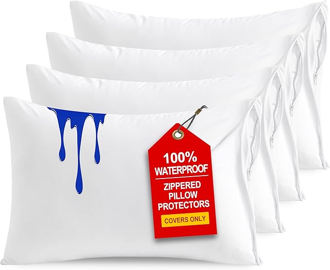 NTBAY 4 Pack Zippered Waterproof King Pillow Protectors, Super Soft Quiet Zip Pillow Protectors, 20x36 Inches Jersey Pure White Waterproof Pillow Cases Covers