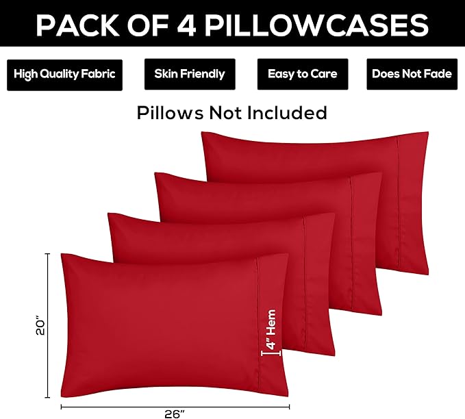 Utopia Bedding Standard Pillow Cases - 4 Pack - Envelope Closure - Soft Brushed Microfiber Fabric - Shrinkage and Fade Resistant Pillow Covers Standard Size 20 X 26 Inches (Standard, Red)