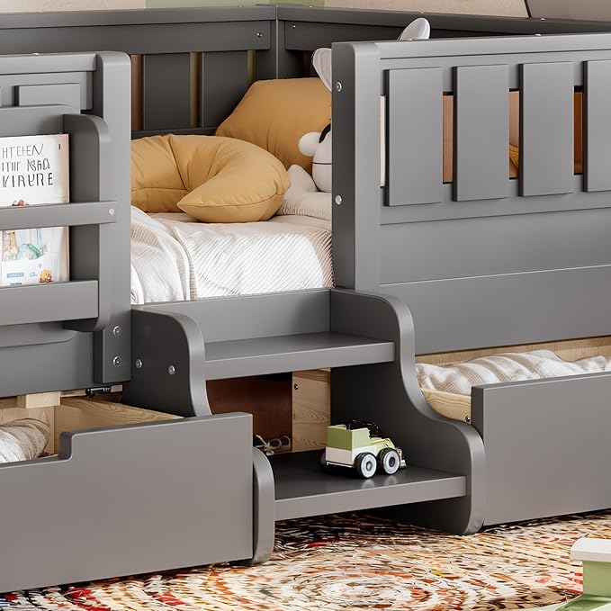 Bellemave Twin Size Kids Montessori Bed with Stairs and Bookshelf,Solid Wood Twin Size Kids Bed Frame with Drawers and Storage for Girls Boys,Low-Profile,Gray