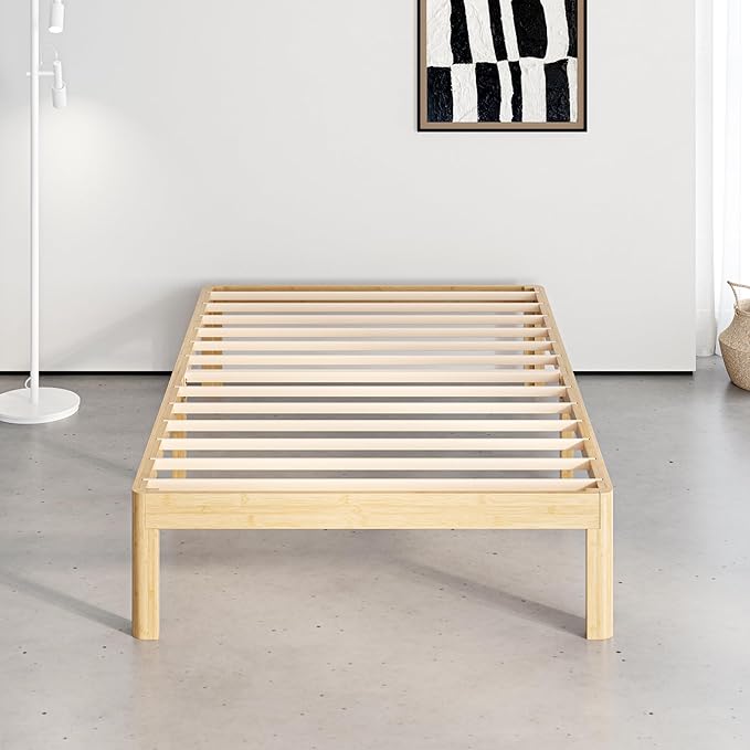 14 Inch High Bamboo Wood Twin Bed Frame Platform, Metal Slat Support Bed Frame Twin, No Box Spring Needed, Easy Assembly, Noise Free, Reinforced