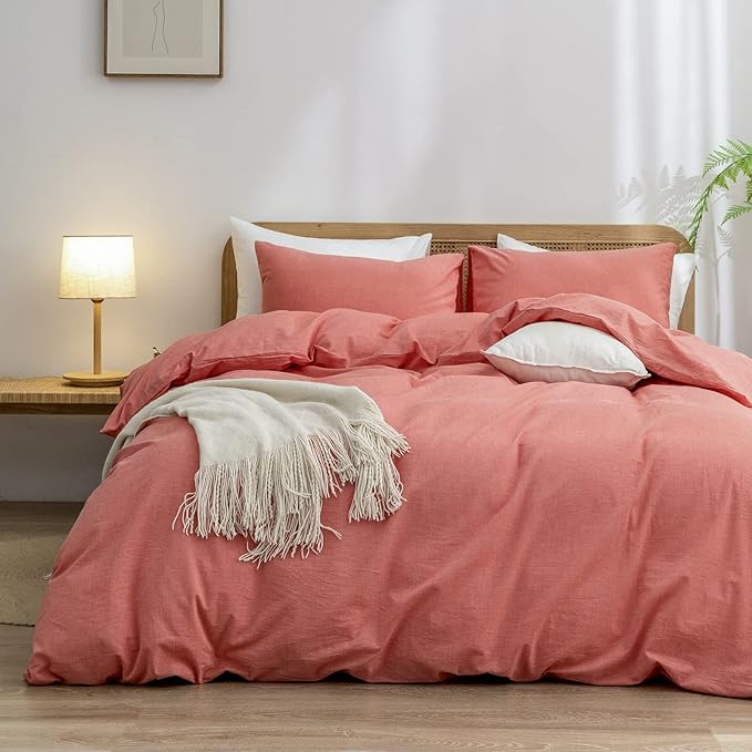 BESTOUCH Duvet Cover Set 100% Washed Cotton Linen Feel Super Soft Comfortable Chic Lightweight 3 PCs Home Bedding Set Solid Orange Queen