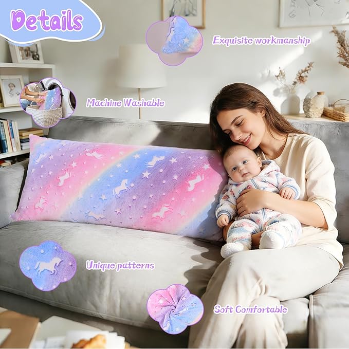 Cloele Body Pillow Cover Glow in The Dark Long Pillow Cases Full Length Pillow Case - 21x54 inches Unicorns Ultra Soft Body Pillowcase for Kids Girls Decorative Body Pillow Pillowcases(Only Cover)