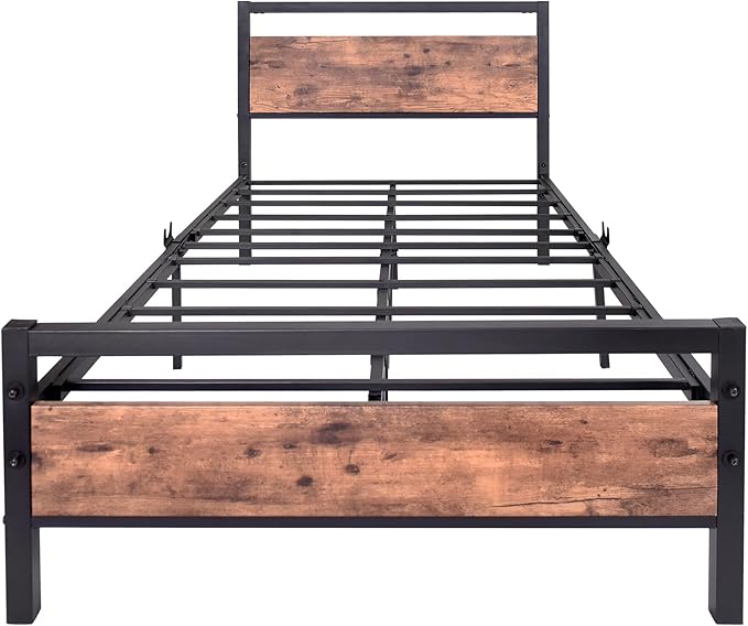 HOJINLINERO Metal Twin Size Bed Frame with Wood Headboard,Platform Bed Frame Twin,Bed Base Steel Slats,No Box Spring Needed,Black and Rustic Brown