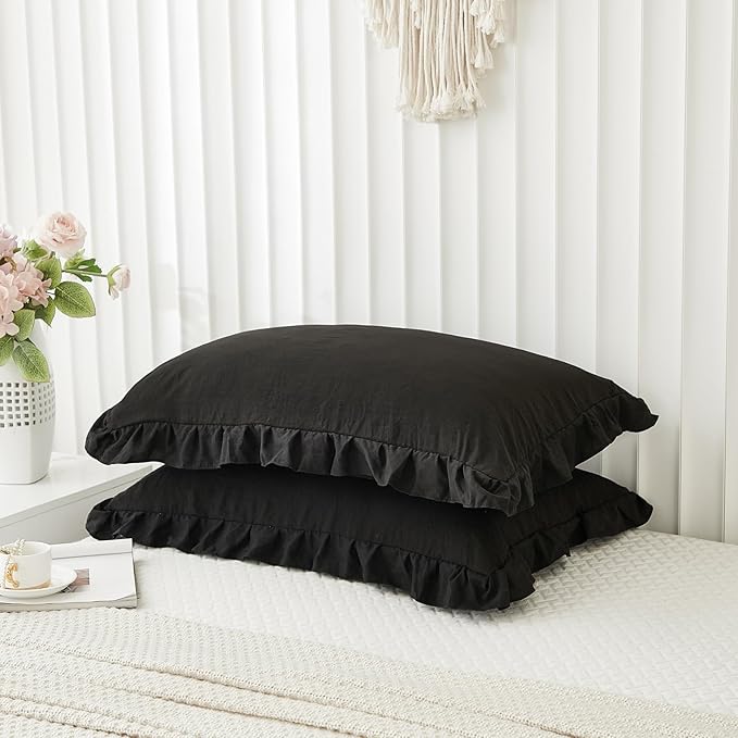 Black Pillow Shams Black Ruffle Queen Pillowcases Cute Pillow Cover Set of 2 Shabby Chic Soft Microfiber Pillowcases 2 Pack (Queen (20''x30'')
