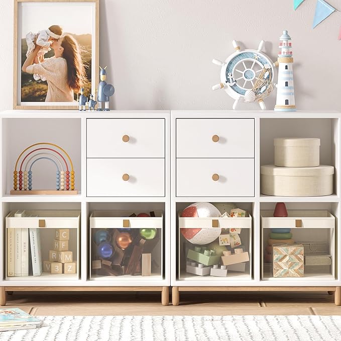 Linen Closet Organizers and Storage, Closet Storage Bins Basket Organizer, Foldable Organization Baskets with Mesh Window for Clothes Towels and Toys, 12.75" x 12.75" x 9", Beige, 2 pack