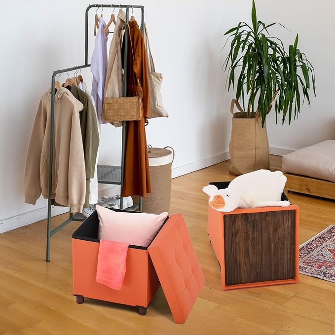 Dorriss Storage Ottoman for Living Room Ottoman Square with Tray Bedroom Cube Foot Rest Stool with Legs Small Ottomans Coffee Table Lid Foldable Footstool Faxu Leather 15" in (Orange)