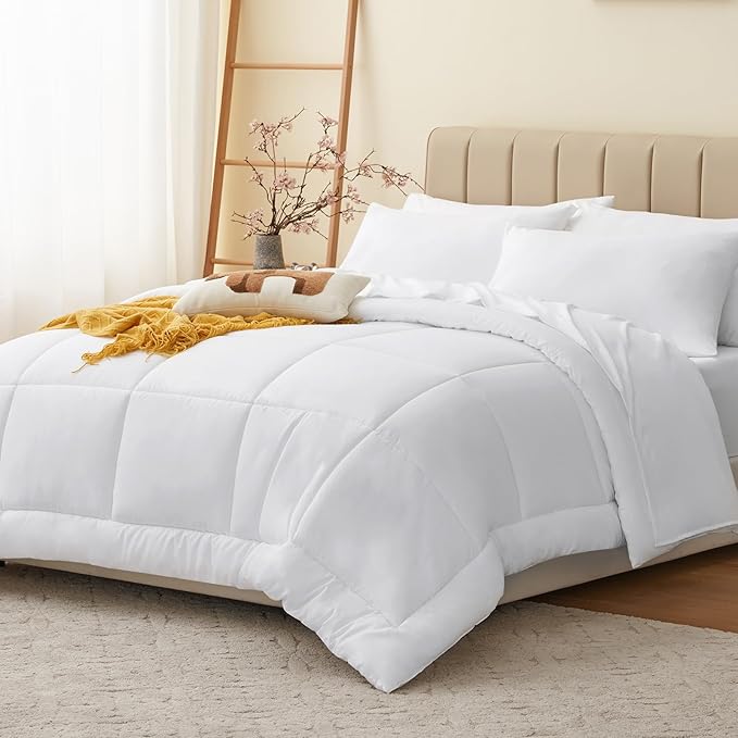 CozyLux Twin Comforter Set with Sheets White, 5 Pieces Bed in a Bag, White Comforter Twin Size, All Season Bedding Set with Stitch Quilted Comforter, Flat Sheet, Fitted Sheet, Pillowcases