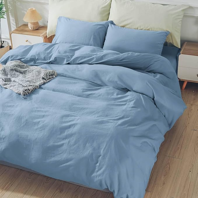 NEXHOME PRO Duvet Cover Set King Size 100% Washed Cotton Linen Look Textured Organic Natural 3 Pieces Bedding Set with Zipper Closure and Corner Ties, Breathable, Soft (Blue, No Comforter)