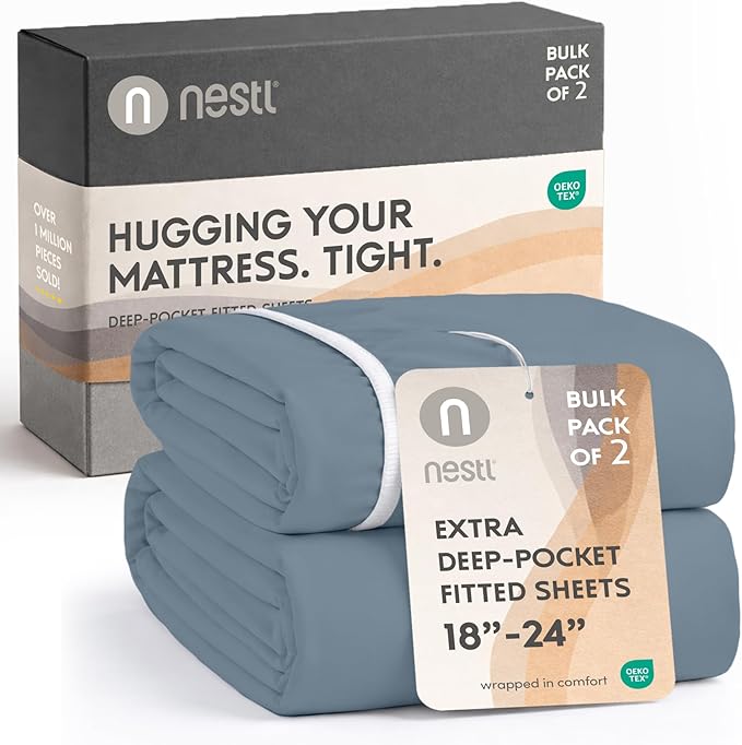 Nestl 2 Pack Stone Blue Fitted Sheet Extra Deep Pocket, Hotel Luxury KingFitted Sheet Only Easily Fits 18 to 24 Inch Mattress, Super Soft, Wrinkle-Free and Breathable with Corner Straps
