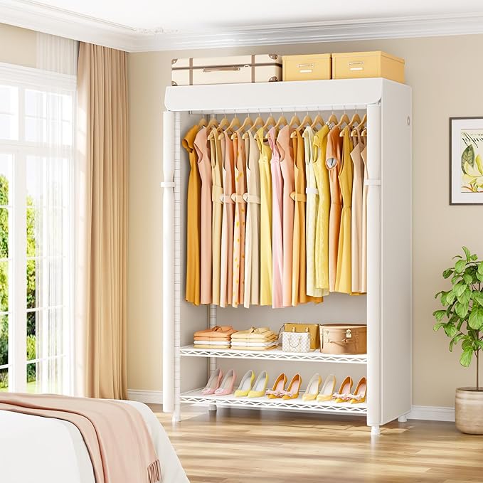 ULIFHOME H5C Plus Clothes Rack with Cover, Portable Closet for Hanging Clothes, Covered Clothing Racks Heavy Duty, Garment Racks with Shelves, Max Load 370LBS, White Closet Rack with White Cover