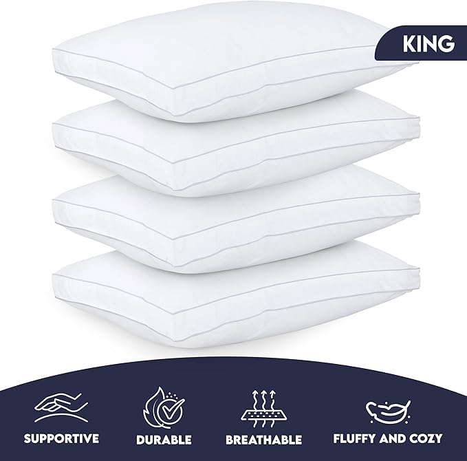 Utopia Bedding Bed Pillows for Sleeping King Size (White), Set of 4, Soft & Fluffy Pillow with Down Alternative Filling, Cooling, Hotel Quality, Gusseted Pillow for Back, Stomach or Side Sleepers